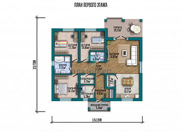 Проект одноэтажного дома с крыльцом и террасой / План 1 этажа
