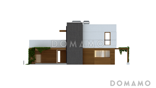 Проект современного двухэтажного дома из кирпича с плоской крышей с четырьмя комнатами, гаражом и открытой террасой на втором этаже / Фасад 3