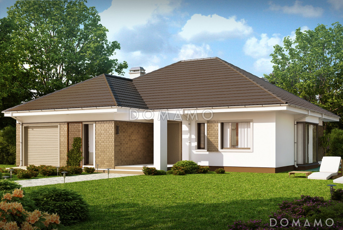 Проект одноэтажного дома из кирпича со стеклянным эркером в столовой зоне, четырьмя спальнями и гаражом