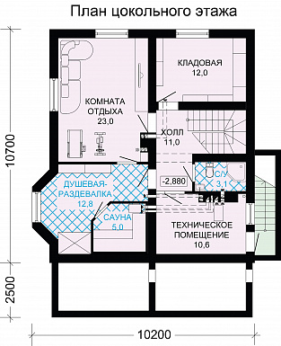 Проект дома из бруса с сауной и просторной комнатой отдыха на цокольном этаже / План цокольного этажа