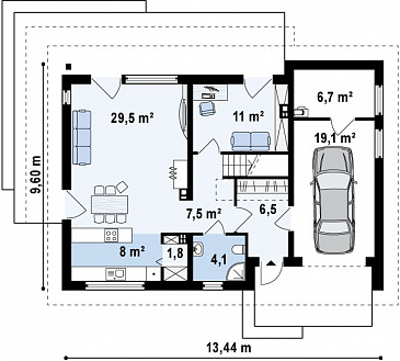 Проект одноэтажного мансардного дома из газобетона с кабинетом, открытой угловой террасой и гаражом  / План 1 этажа