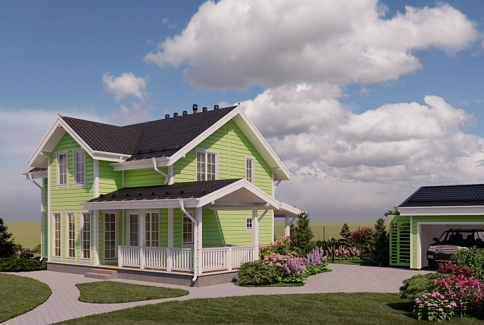 Проект каркасного дома с мансардой, 5 спальнями, гостиной-столовой и крытой террасой