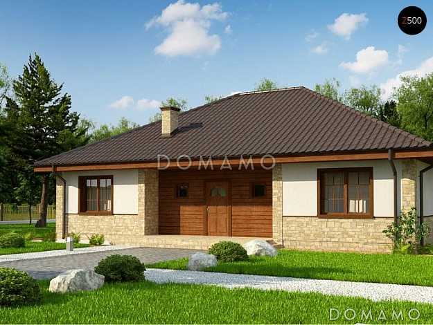 Проект одноэтажного загородного дома с гардеробной в прихожей, просторной гостиной,  тремя спальнями, террасой