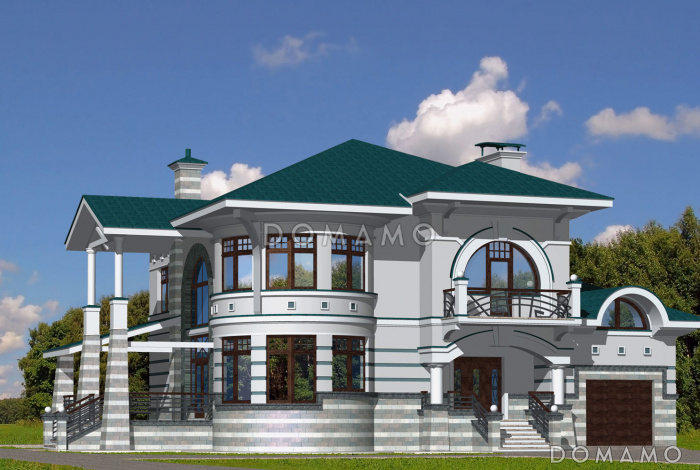 Проект коттеджа с бассейном, зимним садом и гаражом на 2 а/м, 