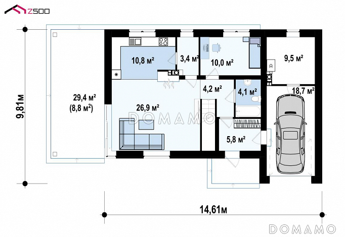 Проект двухэтажного дома с плоской крышей и второй террасой над гаражом / План 1 этажа