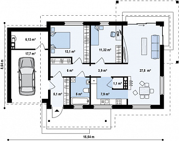 Проект одноэтажного дома из газобетона с большой светлой гостиной и с пристроенным гаражом / План 1 этажа