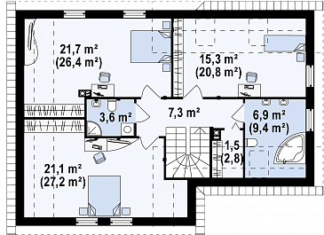 Проект одноэтажного дома из газобетона с угловой мансардой и встроенным гаражом / План мансардного этажа