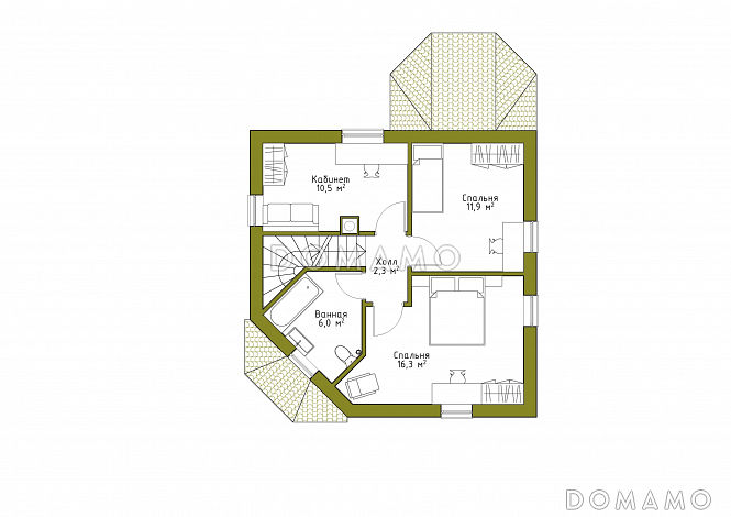 Проект квадратного кирпичного коттеджа  со входом с угла / План мансардного этажа