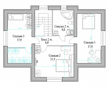 Проект полутораэтажного коттеджа с яркой облицовкой и открытой террасой из СИП панелей / План мансардного этажа