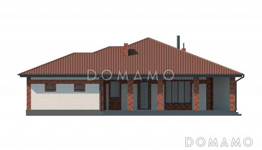 Проект одноэтажного дома с террасой и гаражом, просторной кухней-столовой, хозяйской спальней  / Фасад 4