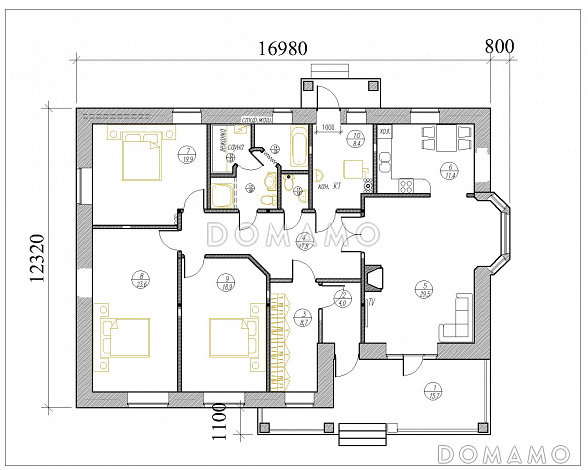 Одноэтажный дом из крупноформатного кирпича с тремя спальнями, большой кухней-гостиной и сауной / План 1 этажа