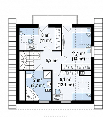 Проект одноэтажного дома из газобетона с отделкой из кирпича с мансардой и просторной гостиной / План мансардного этажа