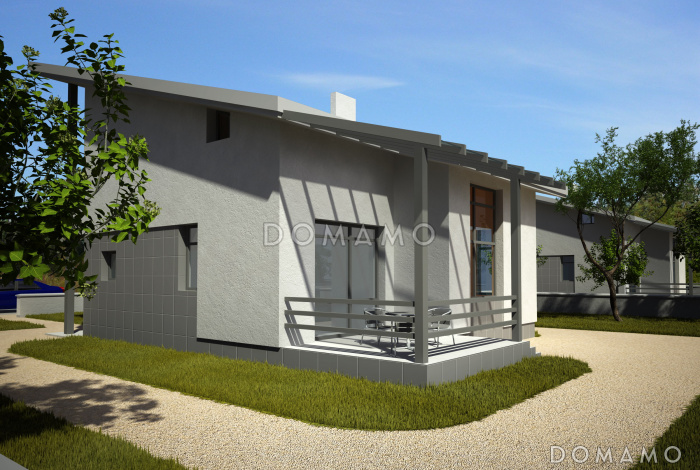 Загородный дом с односкатной крышей, круглым окном, крытой террасой и вторым светом 