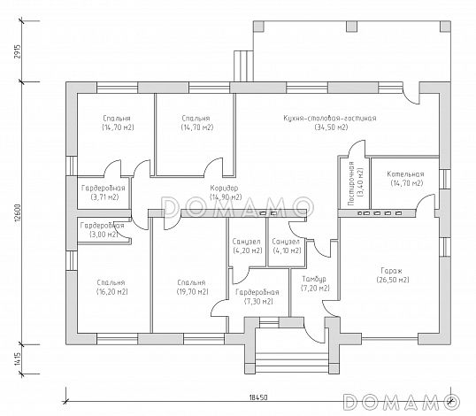 Проект одноэтажного дома по технологии ЛСТК с гаражом и открытой террасой / План 1 этажа