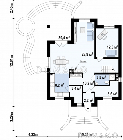 Проект классического одноэтажного мансардного дома из газобетона с кабинетом, хозяйственным помещением и с балконами в каждой из трёх спален / План 1 этажа