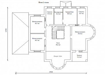 Проект двухэтажного дома в византийском стиле из газобетона с двумя круглыми эркерами и гаражом / План 2 этажа