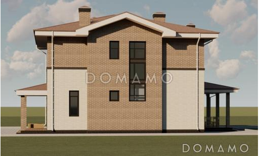 Проект двухэтажного дома из кирпича с двумя каминами на большой террасе и в гостиной / Фасад 2