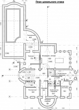 Проект коттеджа с двусветной гостиной, бассейном и зимним садом / План цокольного этажа
