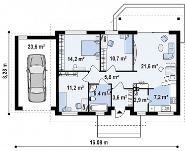 Проект компактного одноэтажного дома из газобетона с тремя спальнями, небольшой крытой террасой и гаражом / План 1 этажа