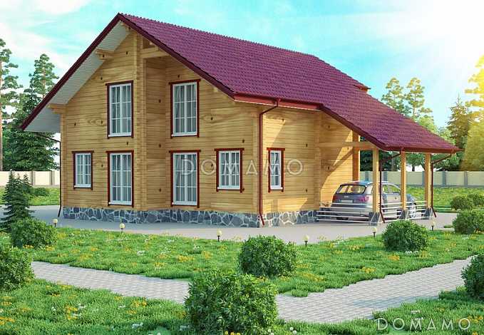 Проект двухэтажного дома из клееного бруса с навесом для авто