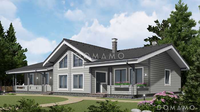 Проект газобетонного дома с панорамным остеклением и сауной
