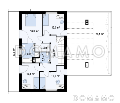 Проект современного двухэтажного дома с плоской крышей из кирпича с четырьмя спальнями, гаражом и просторной террасой над ним / План 2 этажа
