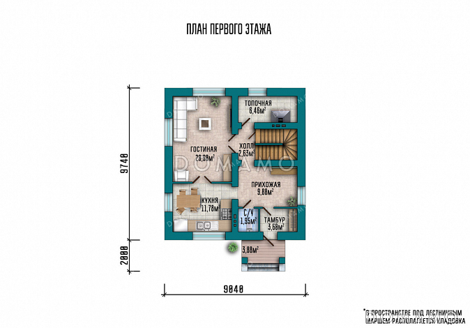 Проект компактного дома с тремя спальнями, котельной и изолированной кухней / План 1 этажа