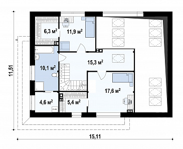 Проект мансардного дома в стиле шале из газобетона с дополнительной спальней на первом этаже, вторым светом и гаражом / План мансардного этажа