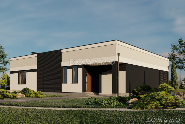 Проект одноэтажного кирпичного дома в стиле хай-тек с внутренним двором, бильярдной, сауной и гаражом