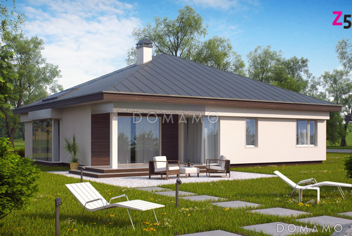 Проект одноэтажного дома из газобетона со стеклянным эркером в просторной гостиной и гаражом на два автомобиля