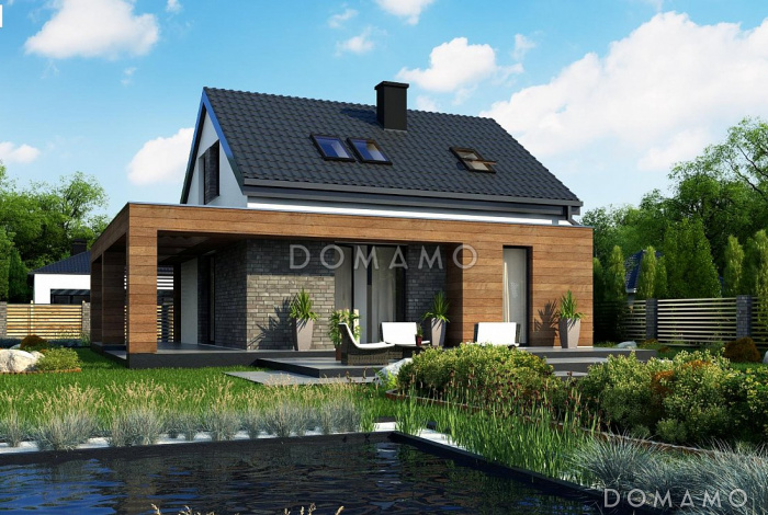 Проект компактного одноэтажного мансардного дома из кирпича с кабинетом и двумя спальнями