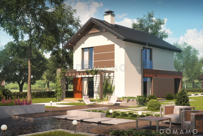 Проект небольшого двухэтажного дома из кирпича с тремя спальнями и балконом, с гаражом