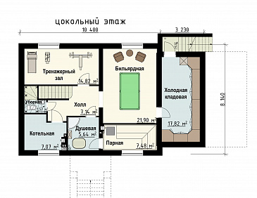 Проект загородного дома с бильярдной, парной, спортзалом, каминной зоной / План цокольного этажа