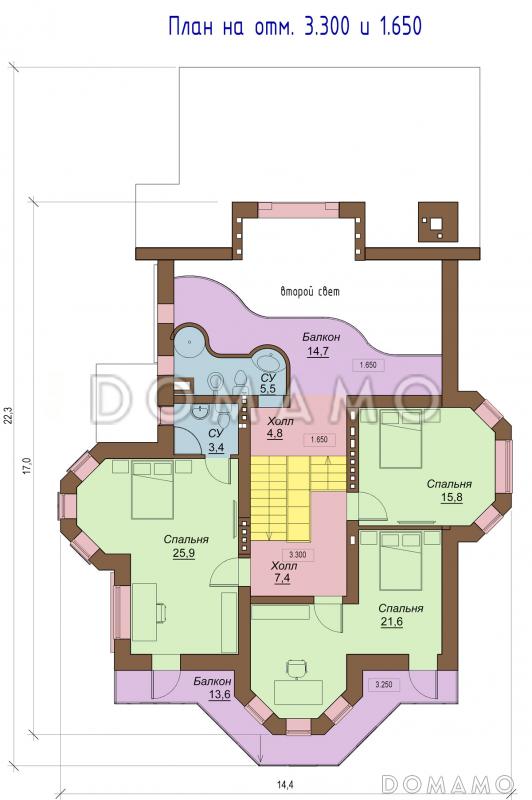 Проект двухэтажного коттеджа с цоколем, с двумя эркерами, балконом и двумя террасами / План 2 этажа