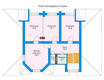 Проект двухэтажного дома из бруса с небольшой кухней, тремя спальнями на втором этаже / План мансардного этажа