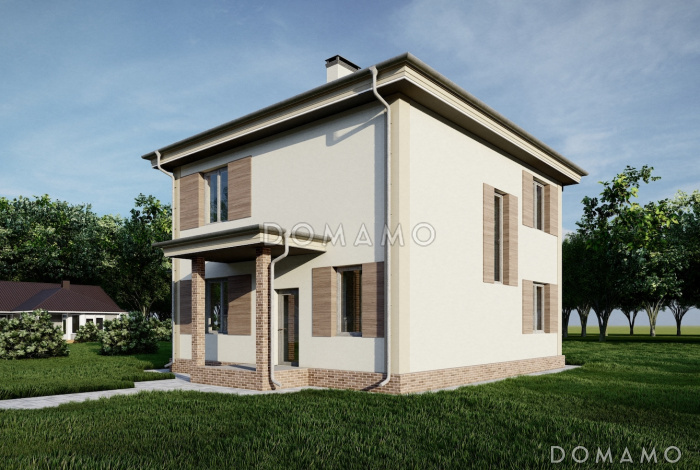 Проект двухэтажного дома с тремя спальнями, кабинетом, гостной-кухней-столовой и котельной