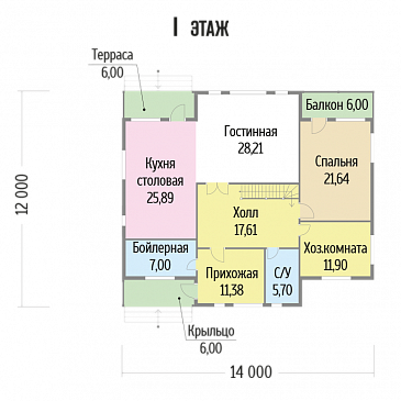 Проект дома из бруса с просторной гостиной / План 1 этажа