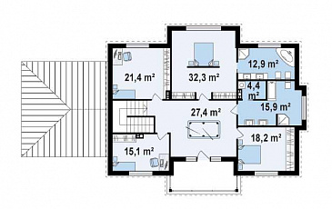 Проект большого двухэтажного дома из кирпича с четырьмя спальнями, гаражом, сауной и просторной дневной зоной / План 2 этажа
