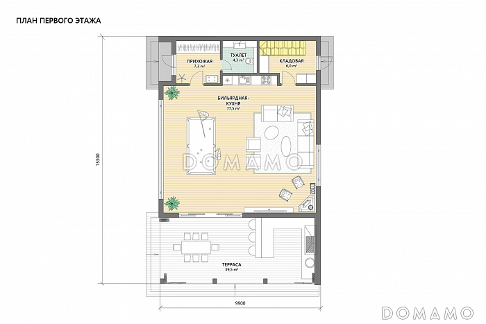 Проект кирпичной беседки с бильярдной, террасой барбекю, кухней и цокольным этажом / План 1 этажа