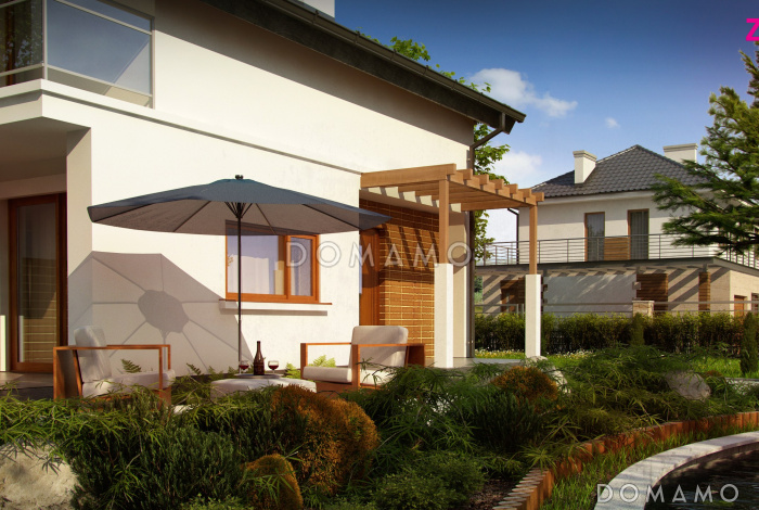 Проект одноэтажного дома с высоким мансардным этажом из газобетона с кабинетом и угловым балконом