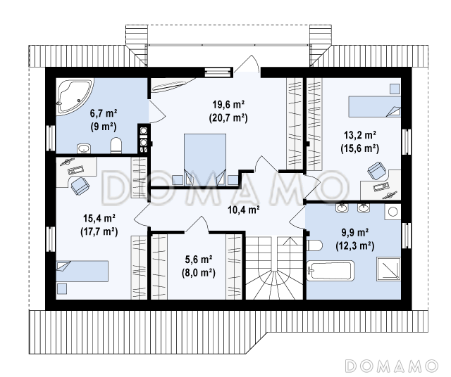 Проект одноэтажного мансардного дома из кирпича с четырьмя спальнями и встроенным гаражом / План мансардного этажа