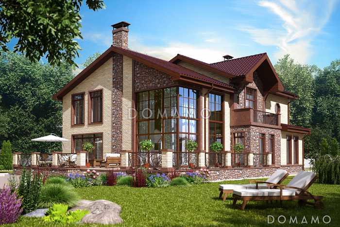 Проект дома из пеноблоков с большой открытой террасой и гаражом на две машины