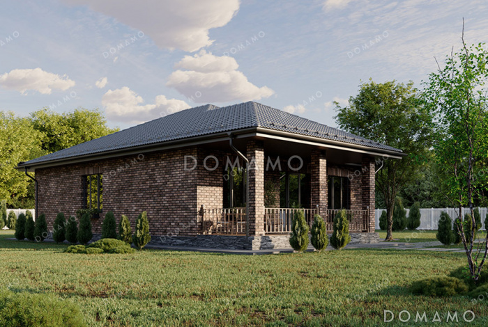 Проект простого одноэтажного дома с большой террасой, вальмовой кровлей, двумя санузлами и тремя спальнями