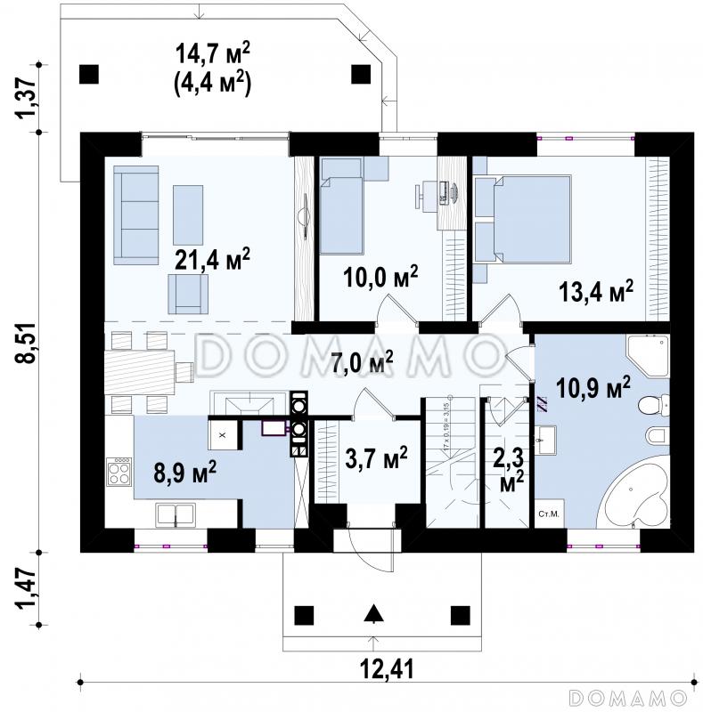 Проект мансардного дома из газобетона с острой крышей, с тремя спальнями и небольшой крытой террасой / План 1 этажа