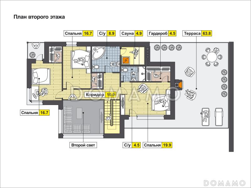 Проект современного дома с навесом на два автомобиля, большой террасой с барбекю, вторым светом, сауной / План 2 этажа