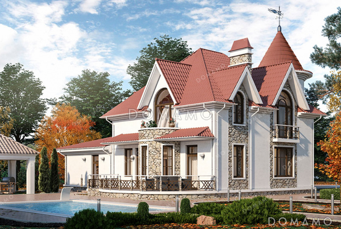 Проект дома-замка с гаражом на два автомобиля, башенкой и полукруглой террасой