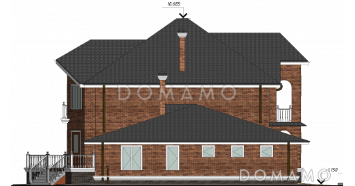 Проект двухэтажного дома с цокольным этажом, гаражом, эркером и террасой / Фасад 4
