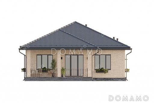 Проект компактного одноэтажного дома с большой террасой, вальмовой кровлей и двумя санузлами / Фасад 2