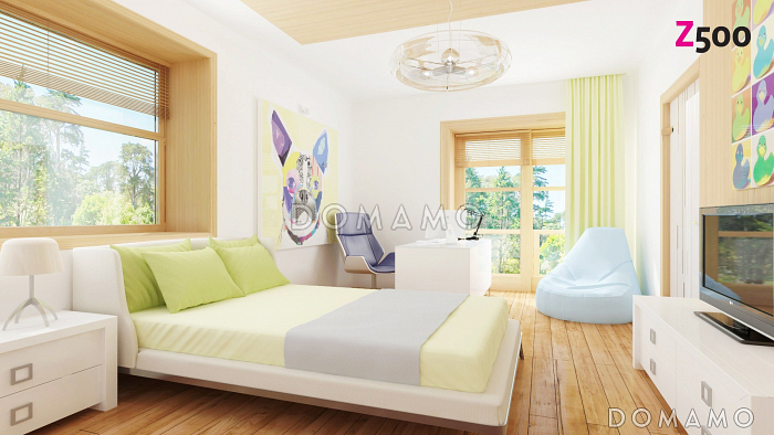 Проект двухэтажного дома из кирпича с эркером и балконом над ним, с тремя спальнями, кабинетом и гаражом