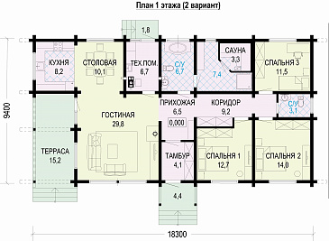 Проект одноэтажного дома из бруса с 3 спальнями и сауной / План 1 этажа